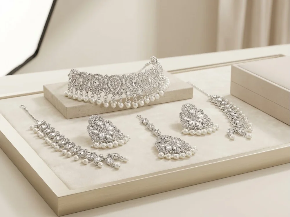 Ornate Silver-Tone and Pearl Jewelry Set